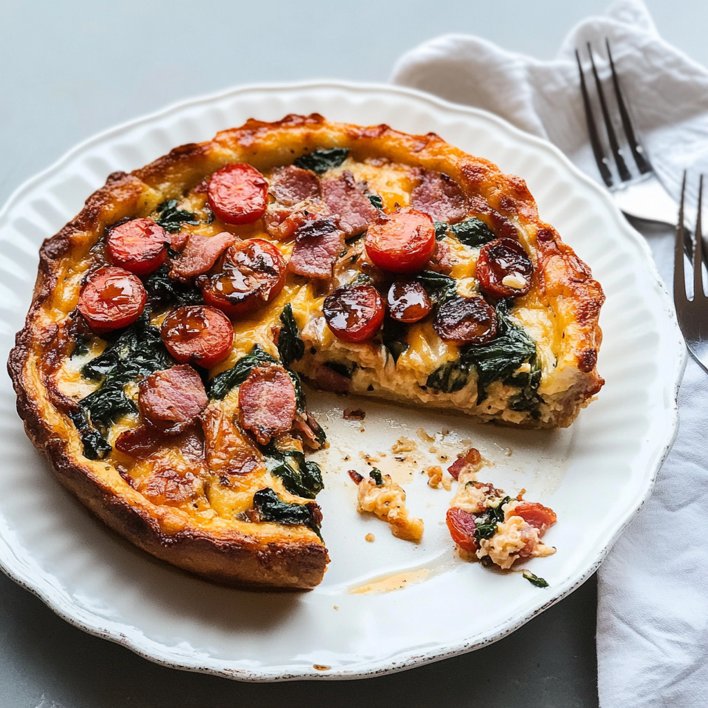 Butterdeigspai med bacon, sopp, spinat og tomat - Fantastisk butterdeigspai med bacon, sopp og spinat